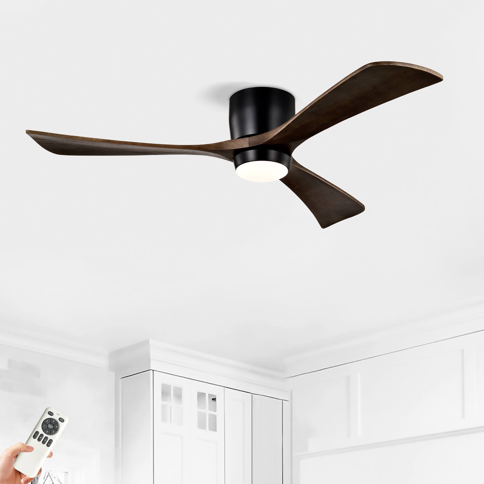 Sofucor - Quiet Flush Mount Ceiling Fans with Integrated LED Lights & Remote 6 Speed Solid Wood Blades Outdoor Indoor Ceiling Fan - Black