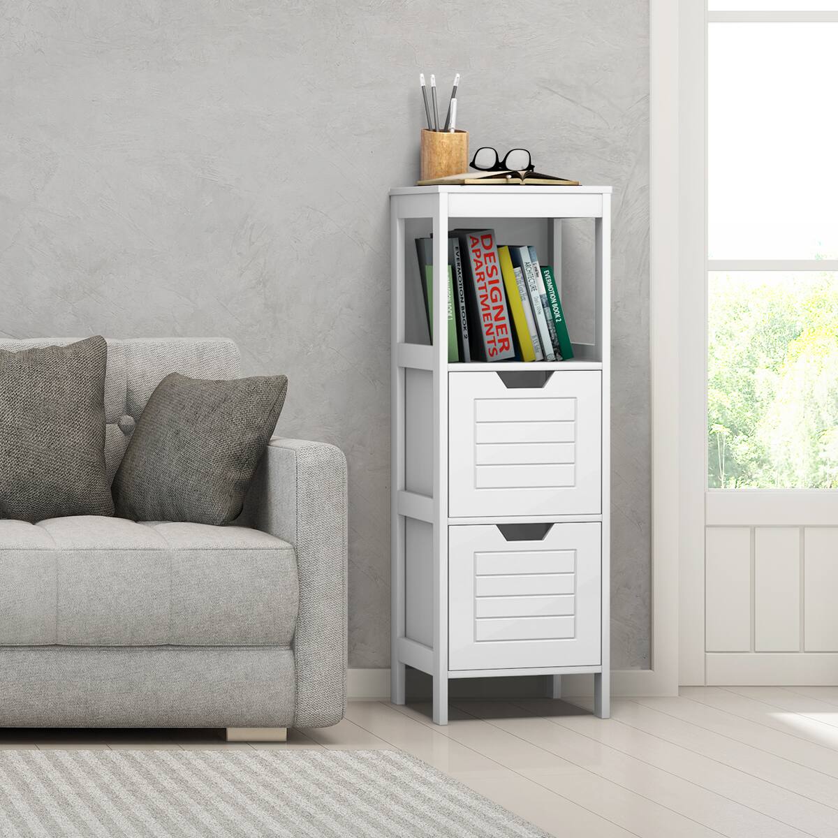 Costway - Bathroom Wooden Floor Cabinet Multifunction Storage Rack Stand Organizer Bedroom - White