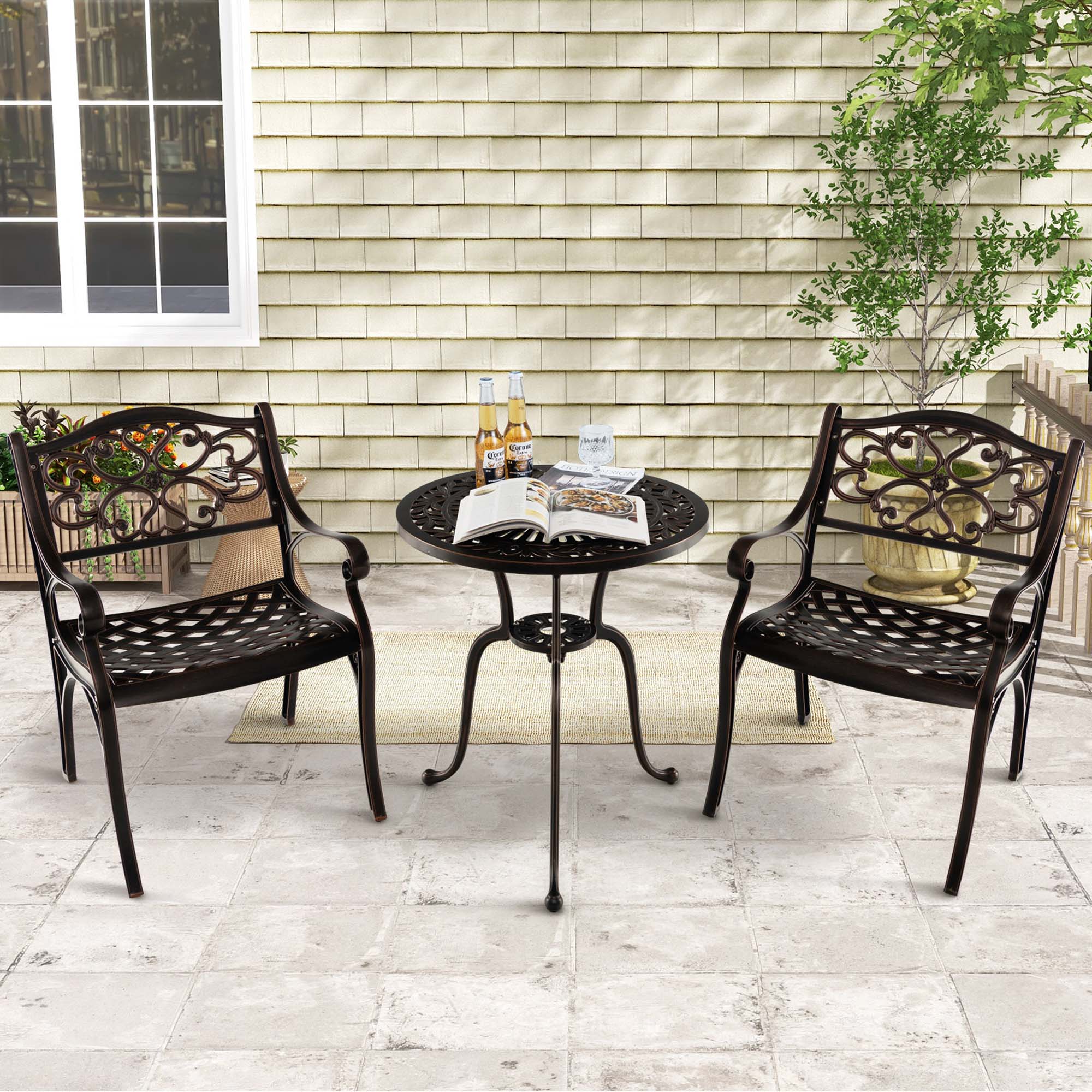 Alt View 3. Costway - Costway 2 PCS Cast Aluminum Patio Chairs Set of 2 Outdoor Dining with Armrests & Curved Seats Bronze - Bronze.