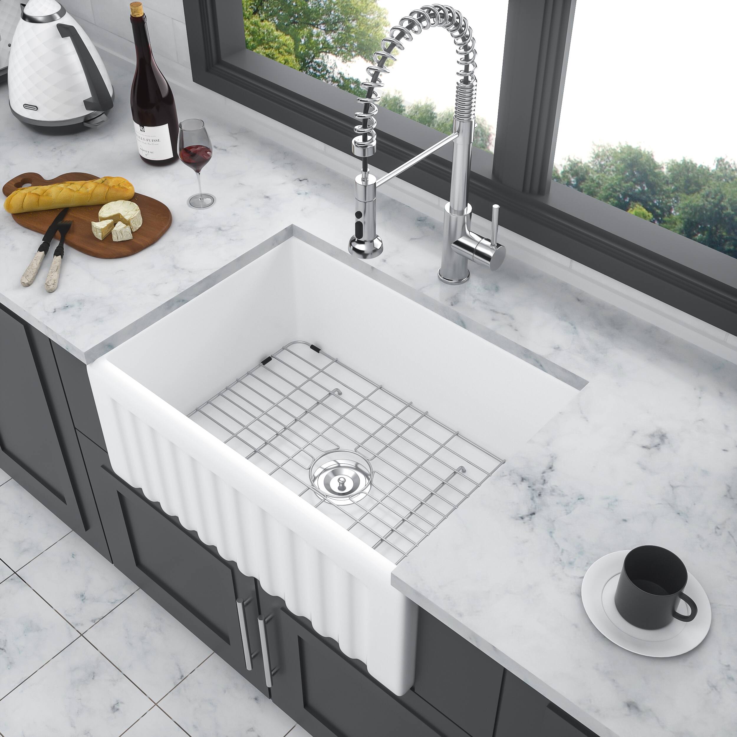 Alt View 2. Siljoy - Small Farmhouse Sink - 24 x 18 x 10" Kitchen Sink White Apron-Front Ceramic Single Bowl Reversible Laundry Room Sink - White.
