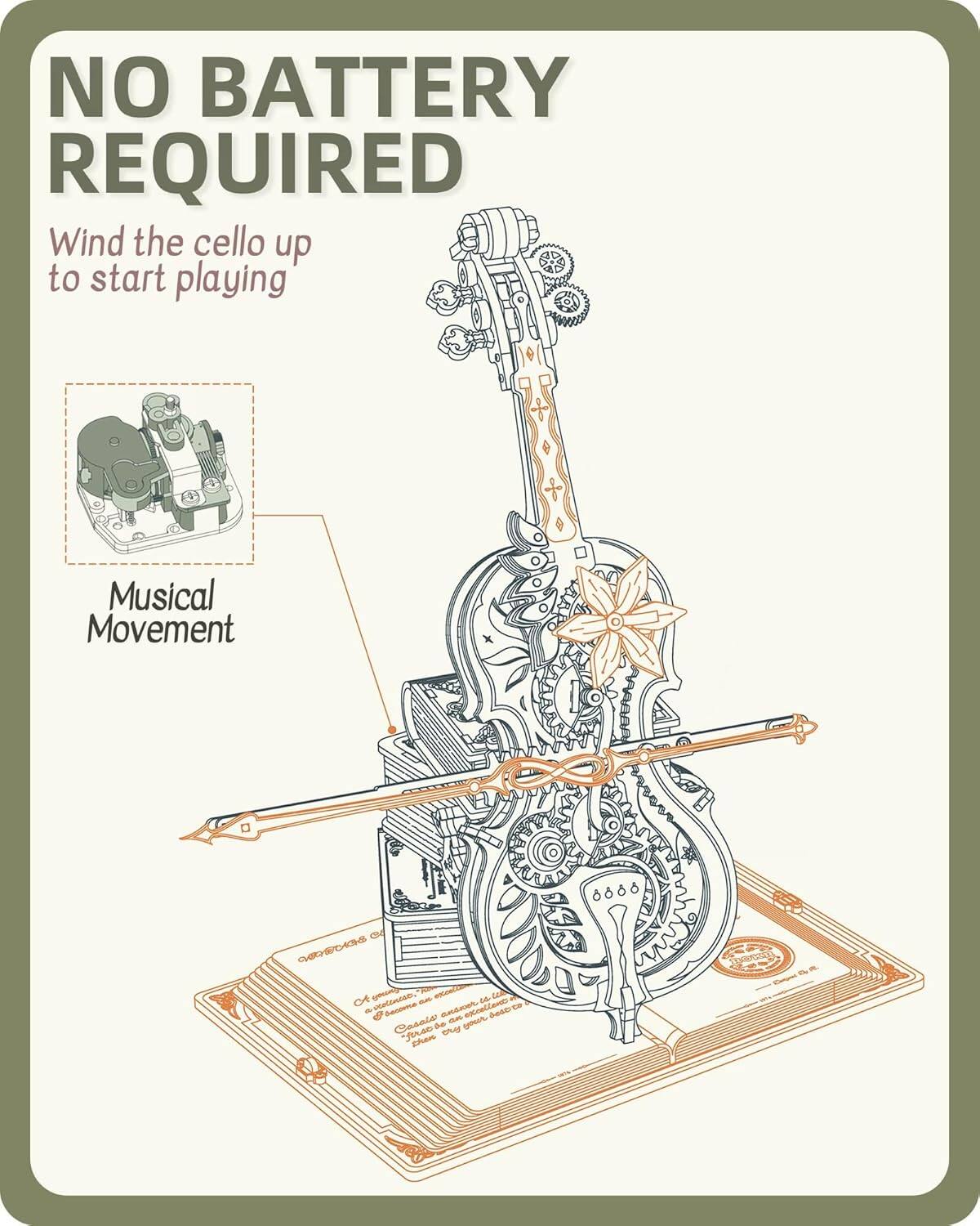 NO BATTERY REQUIRED  
Wind the cello up to start playing  
Musical Movement  

8008 CM GE gocc - L GAS C eteContsn, - destene oetlase de d - dea Cassia dhe cn Jm Jdo