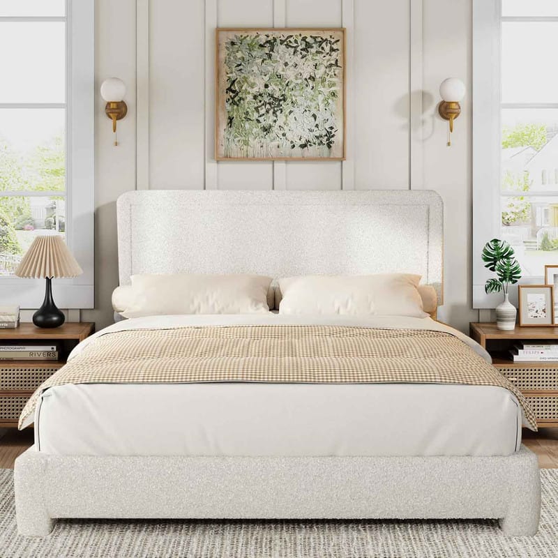 Dyonery - Full Size Boucle Bed Frame, Upholstered Teddy Fabric Bed Frame with Headboard, Soft Rounded Corners,Easy Assembly - White