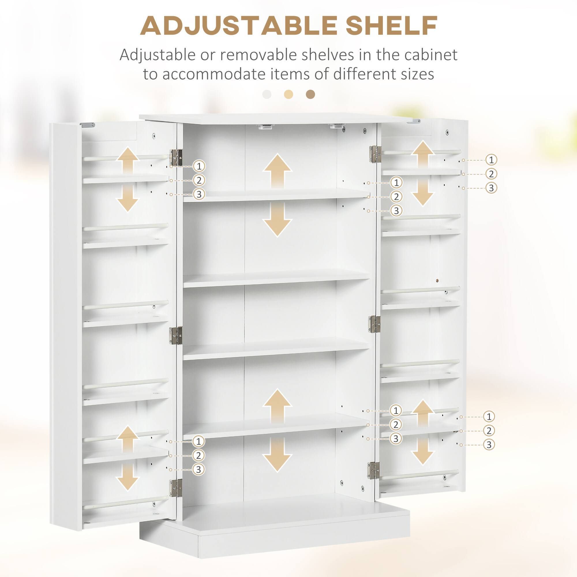 ADJUSTABLE SHELF

Adjustable or removable shelves in the cabinet to accommodate items of different sizes