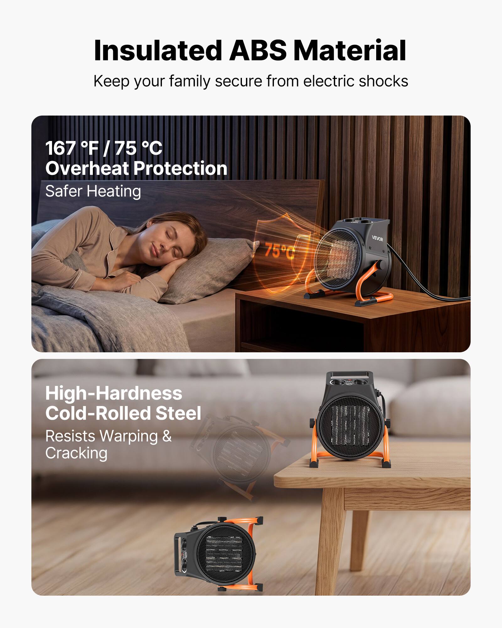 Insulated ABS Material  
Keep your family secure from electric shocks

167°F / 75°C  
Overheat Protection  
Safer Heating

High-Hardness Cold-Rolled Steel  
Resists Warping & Cracking