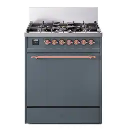 ILVE - Nostalgie II Series 30 in. Dual Fuel Range with 5 Sealed Burners (Liquid Propane, Copper Trim) - Blue Grey
