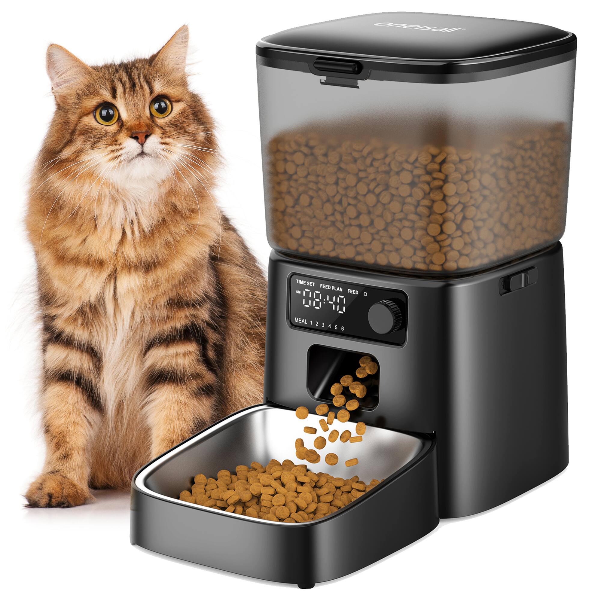 Oneisall - 3.5L Automatic Cat Feeder Food Grade Stainless Steel Bowl 12 Cup Dual Power Supply Pet Food Freshness - Black