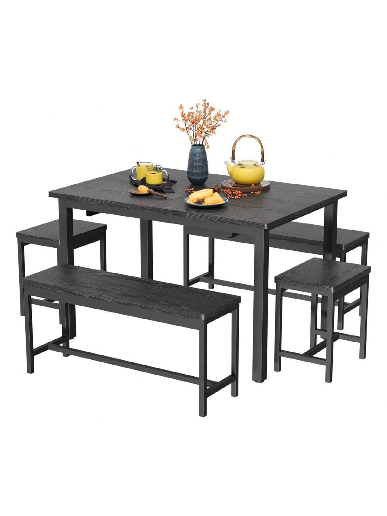 Acekool - Kitchen Table 63 Inch 5 Piece Extendable Dining Table Set For 4 To 8 Modern Space Saving Kitchen Table - Black