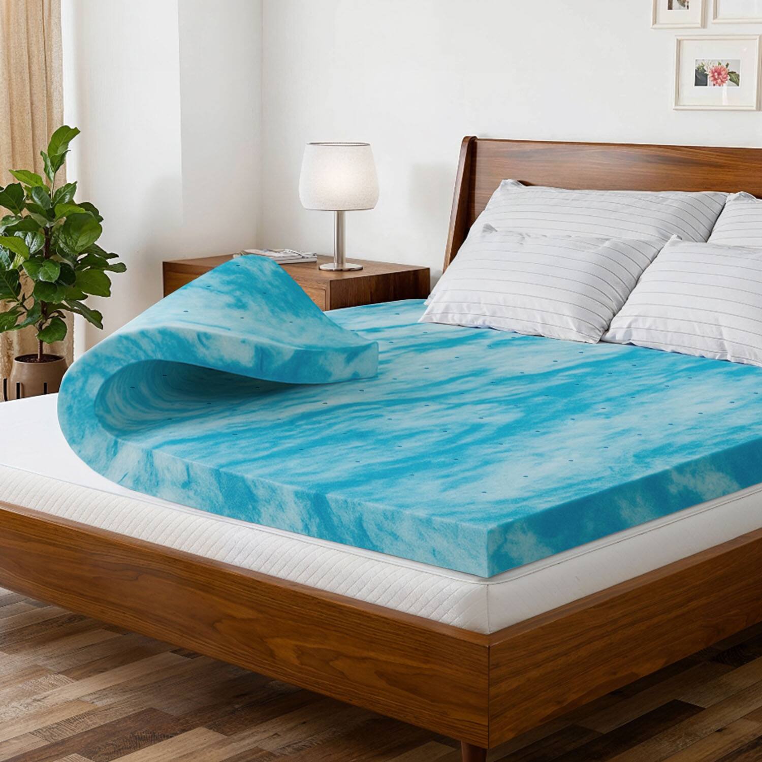 Front. CGK Linens - 3" Cooling Gel Infused Memory Foam Ventilated Mattress Topper - Blue.