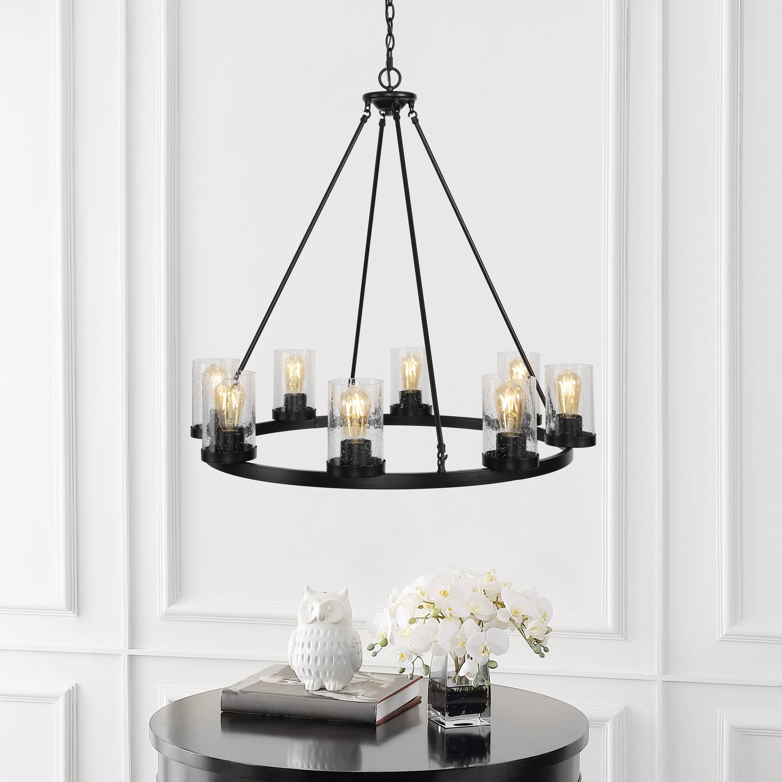 Alt View 7. Jonathan Y - Coronet 33.5" 8-Light Iron/Seeded Glass Rustic Farmhouse Round LED Chandelier, Oil Rubbed Bronze - Oil Rubbed Bronze.