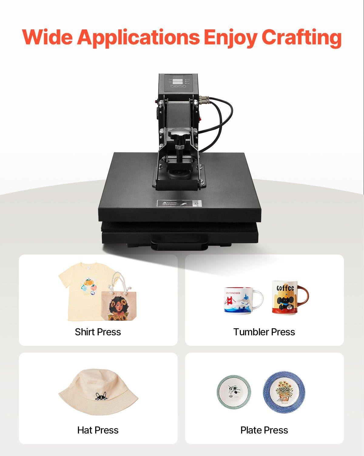 Wide Applications Enjoy Crafting

- Shirt Press
- Tumbler Press
- Hat Press
- Plate Press