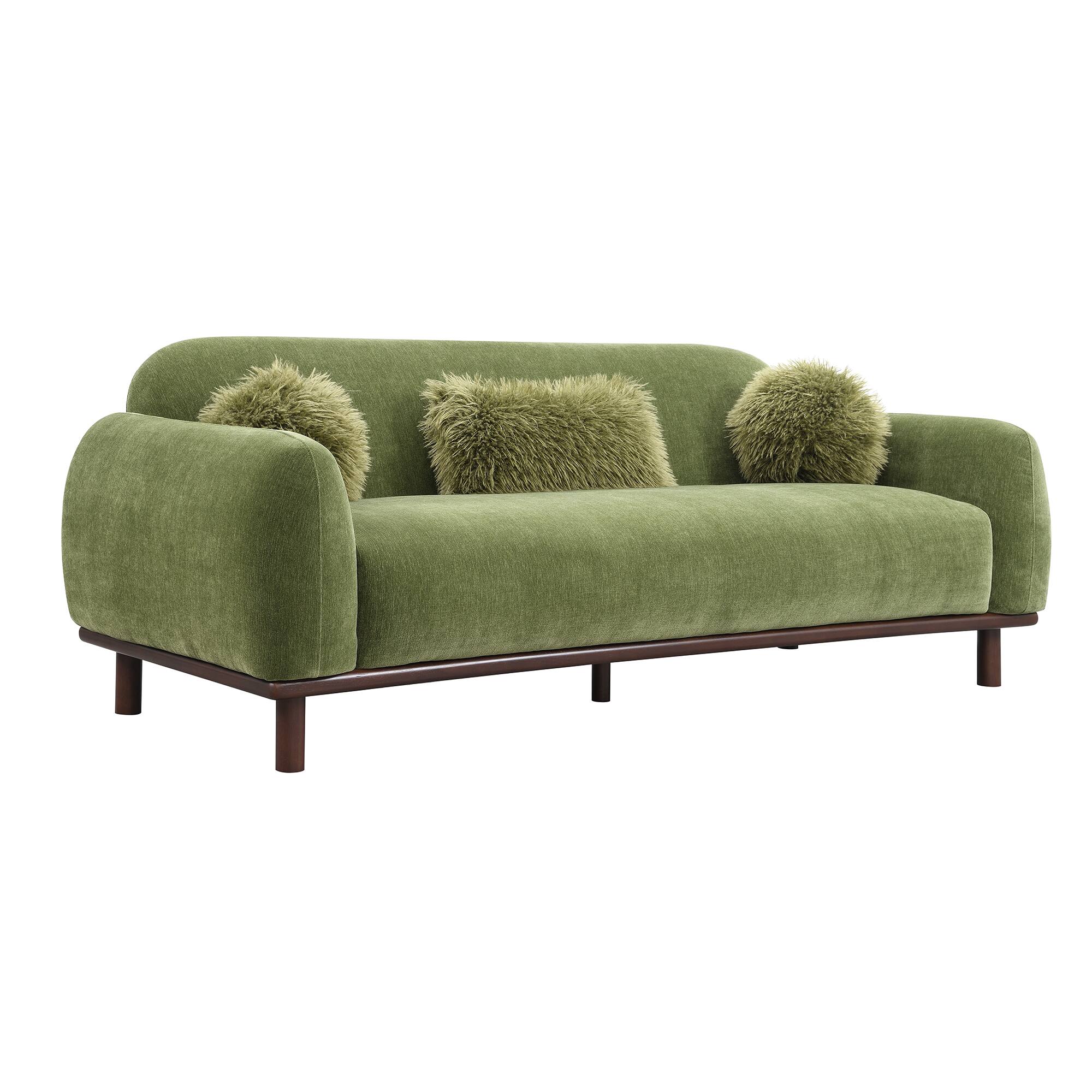 Alt View 1. Vaczon - 3-Seater Chenille Sofa Plush Bench Seating with Pocket Coil Support, Faux Fur Accent Cushions, Cozy Living Room Couch - Olive Green.