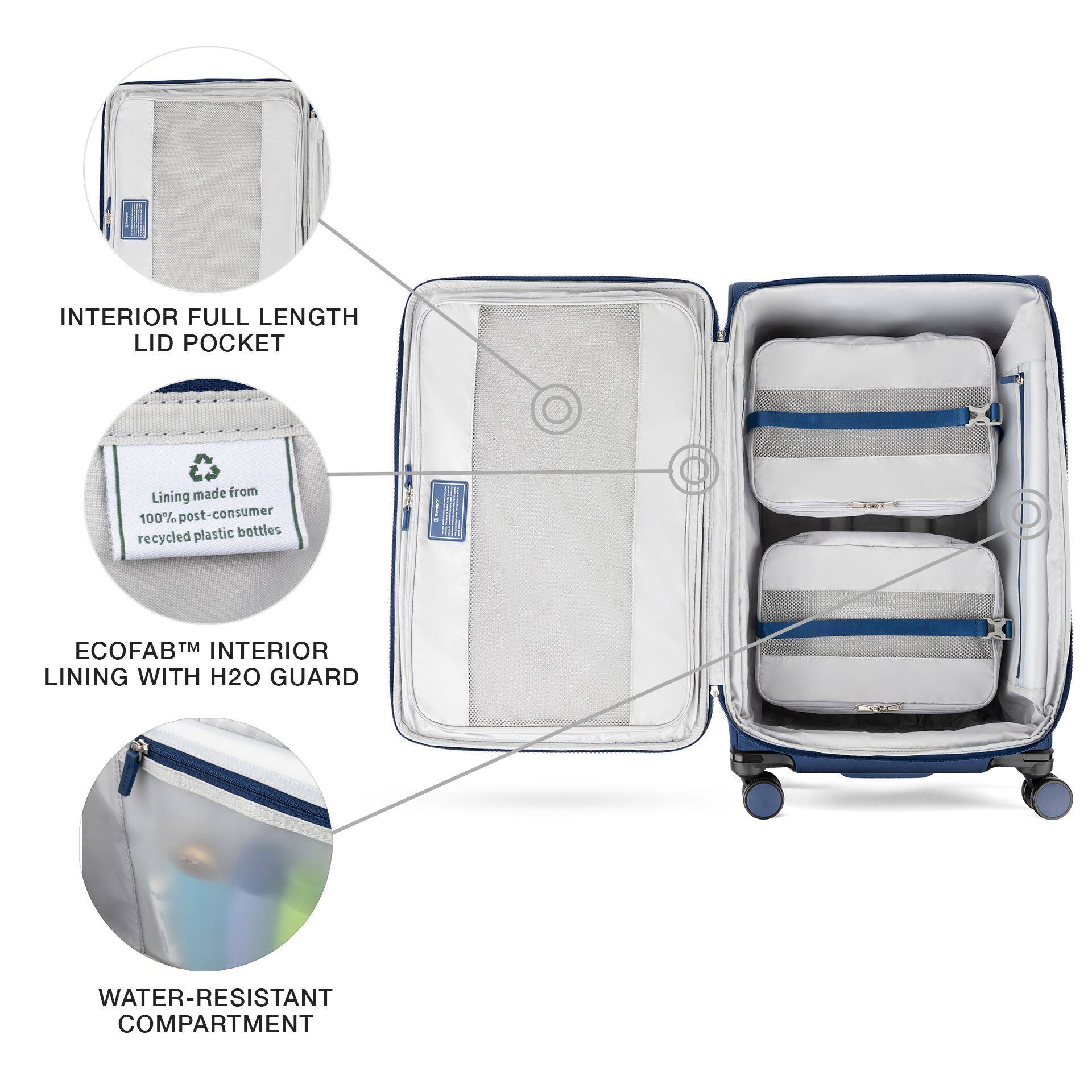 INTERIOR FULL LENGTH LID POCKET

Lining made from 100% post-consumer recycled plastic bottles

ECOFAB™ INTERIOR LINING WITH H2O GUARD

WATER-RESISTANT COMPARTMENT