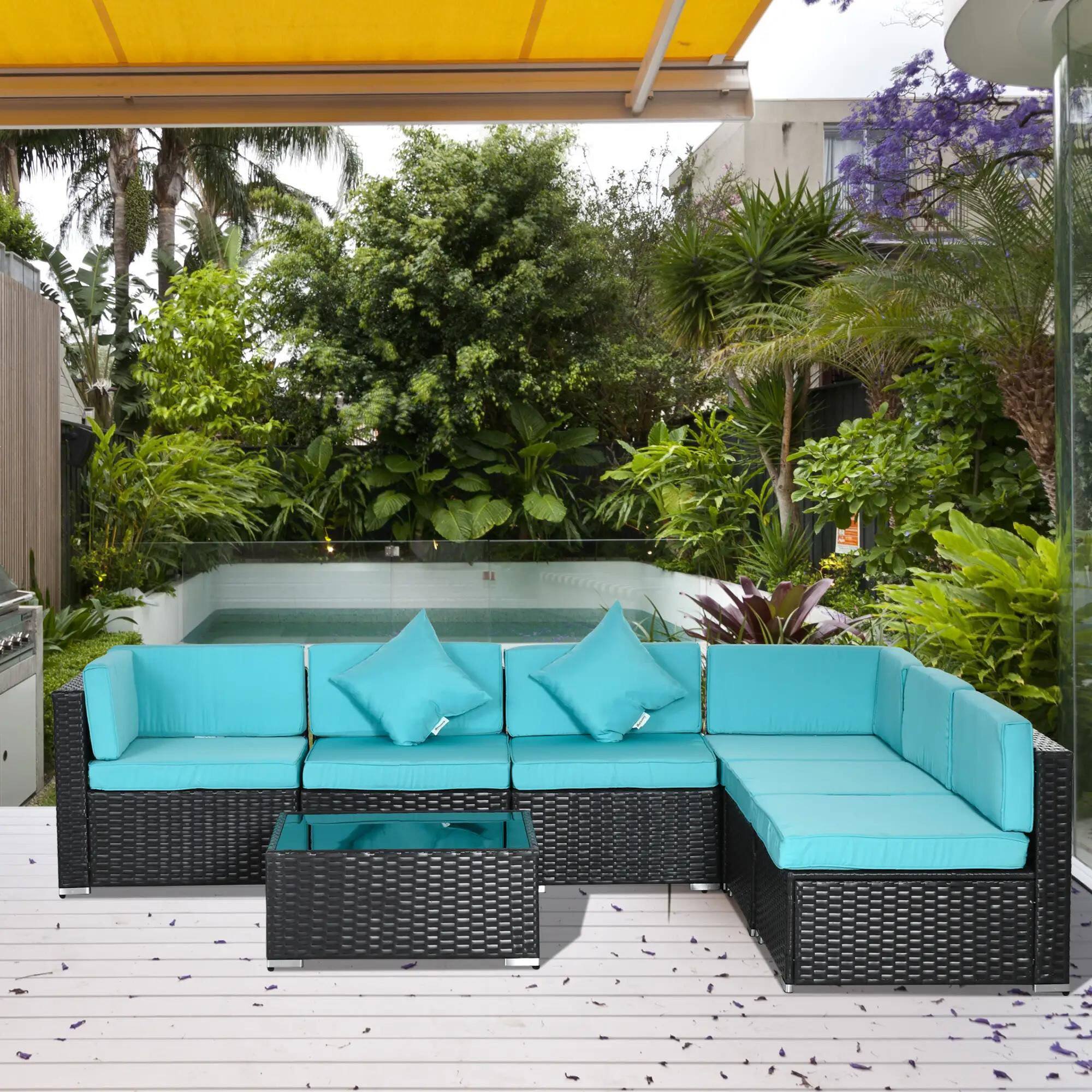 Alt View 7. Resenkos - Resenkos 7-Piece Rattan Sectional Set, Outdoor Sectional Furniture, PE Rattan, Turquoise - Turquoise.