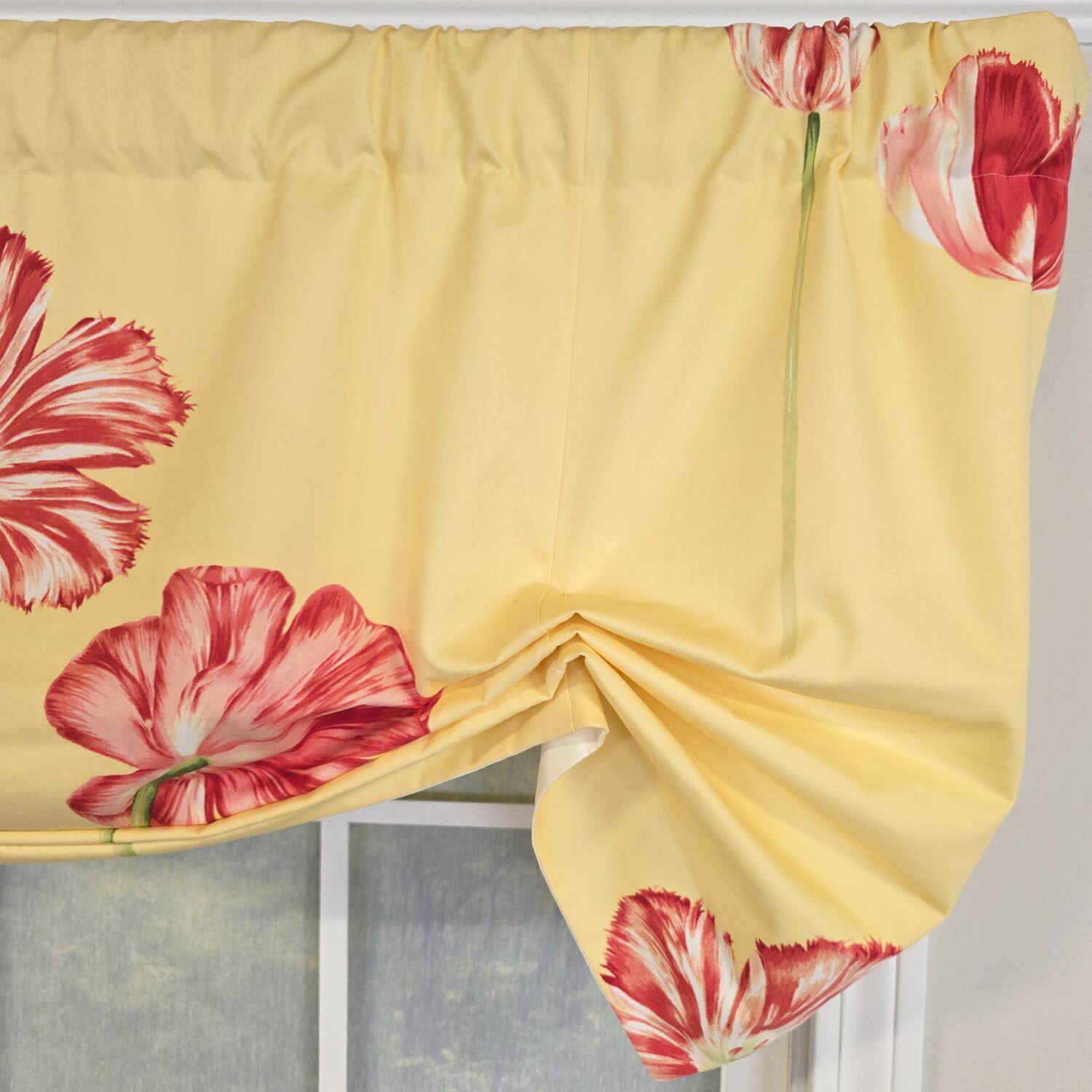Left. RLF Home - RLF Home 100% Cotton La Tulipe Butterfly With Poly/Cotton lining Rod Pocket Valance 50" x 17" Yellow - Yellow.