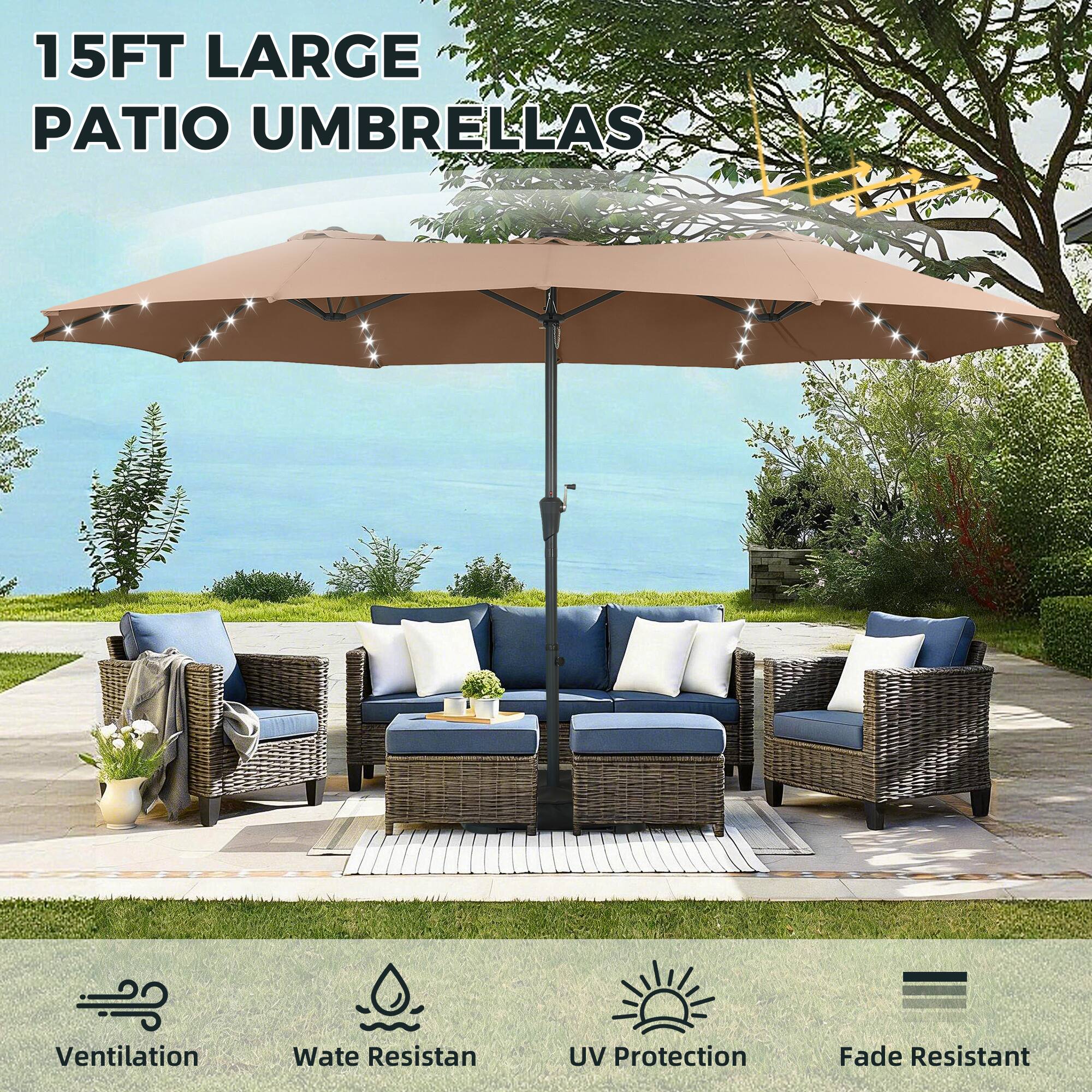 15FT LARGE PATIO UMBRELLAS

- Ventilation
- Water Resistant
- UV Protection
- Fade Resistant
