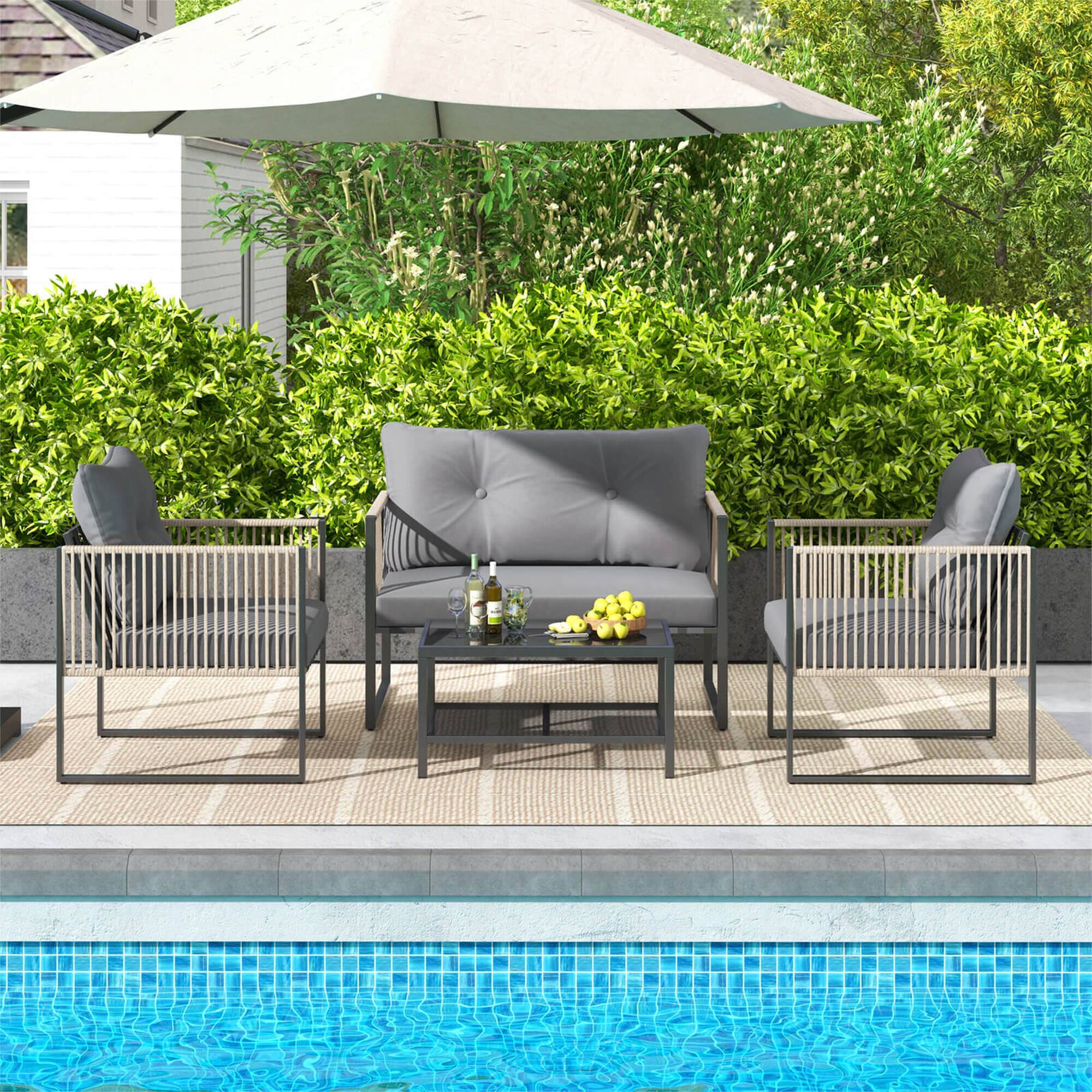 Alt View 4. Costway - 4 PCS Patio Furniture Set PE Rattan Conversation Sofa Set with Thick Cushions - Light Brown.