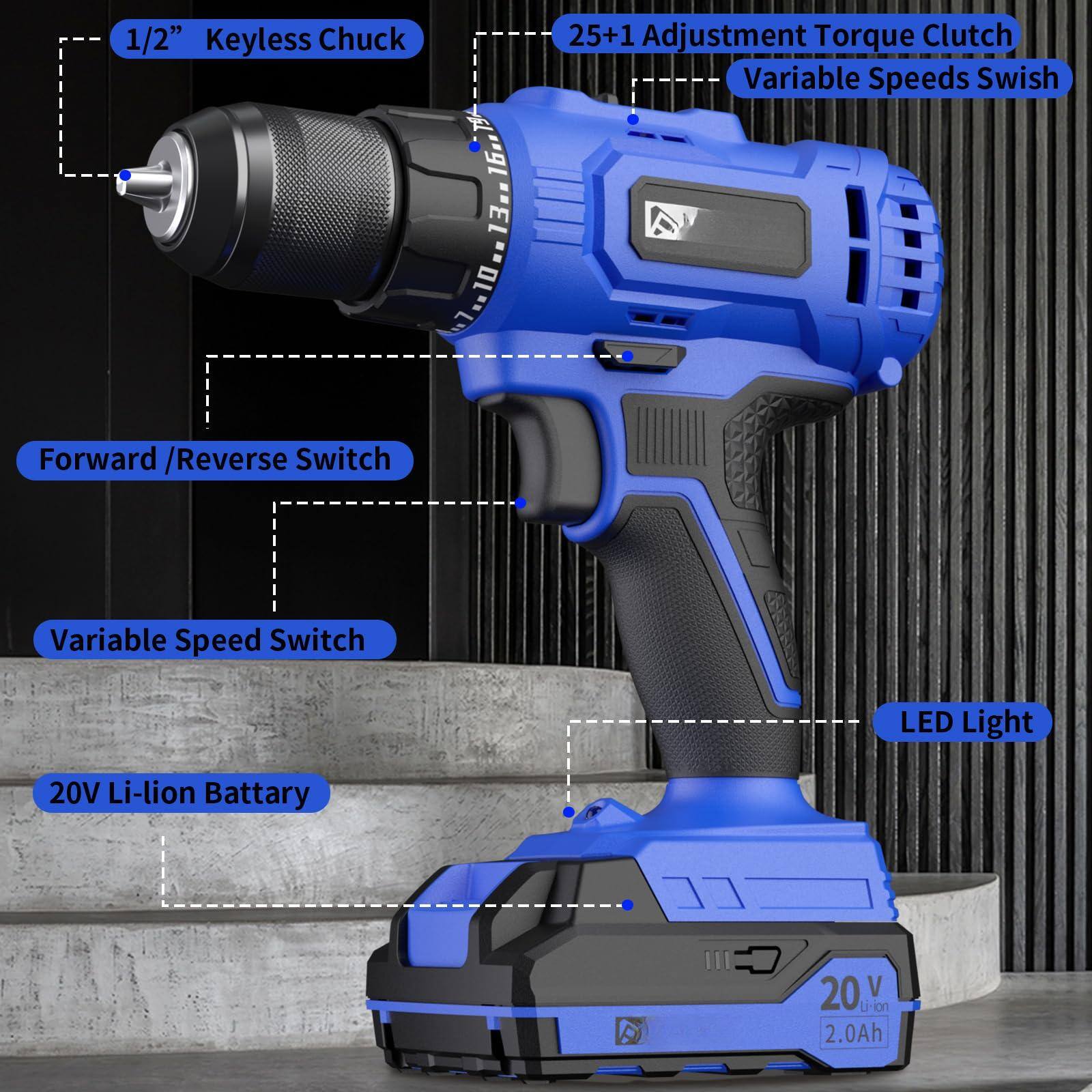 1/2" Keyless Chuck  
25+1 Adjustment Torque Clutch  
Variable Speeds Switch  
Forward / Reverse Switch  
Variable Speed Switch  
LED Light  
20V Li-ion Battery  
20V 2.0Ah
