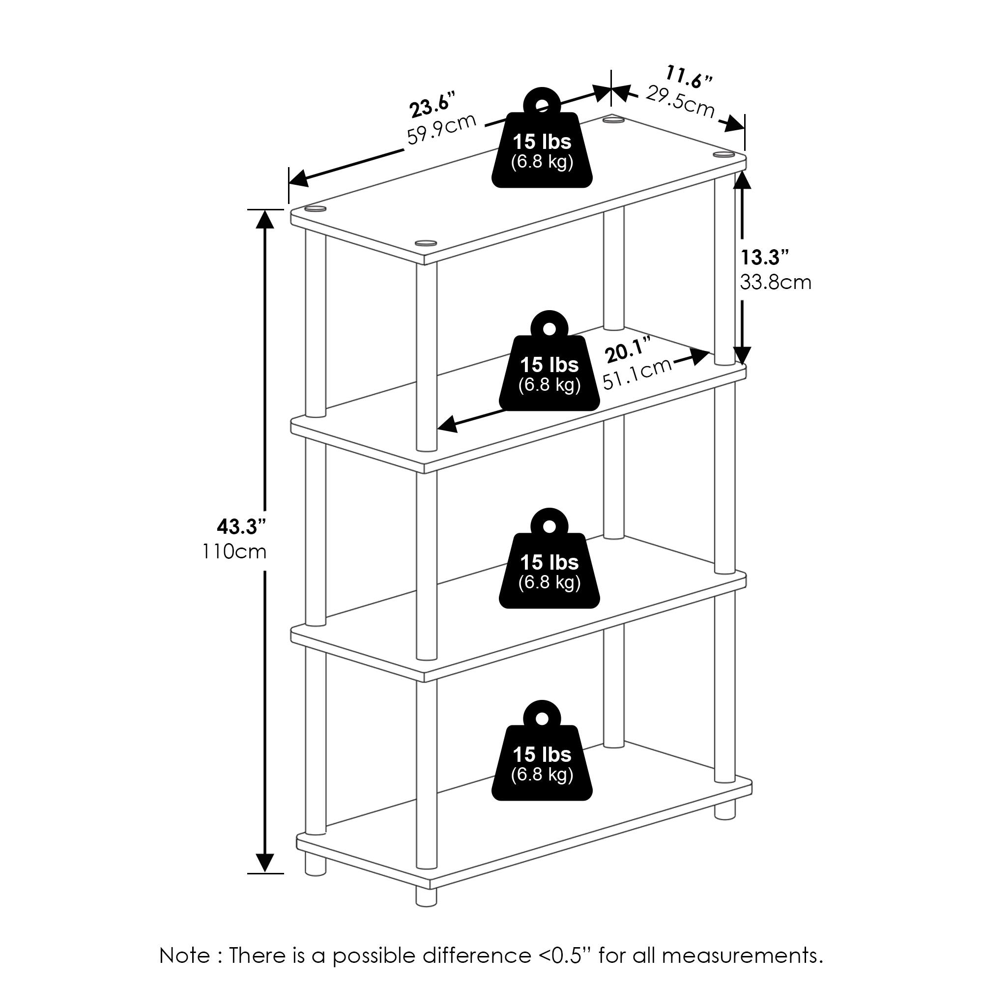 23.6" (59.9 cm)  
11.6" (29.5 cm)  
13.3" (33.8 cm)  
20.1" (51.1 cm)  
43.3" (110 cm)  

15 lbs (6.8 kg)  
15 lbs (6.8 kg)  
15 lbs (6.8 kg)  
15 lbs (6.8 kg)  

Note: There is a possible difference <0.5" for all measurements.