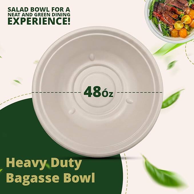 SALAD BOWL FOR A NEAT AND GREEN DINING EXPERIENCE!  
48oz Heavy Duty Bagasse Bowl
