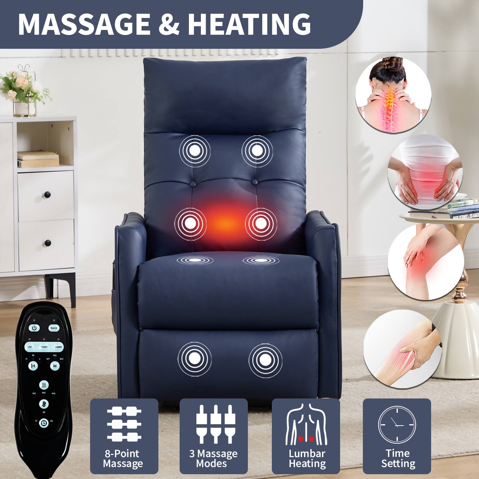MASSAGE & HEATING

8-Point Massage  
3 Massage Modes  
Lumbar Heating  
Time Setting