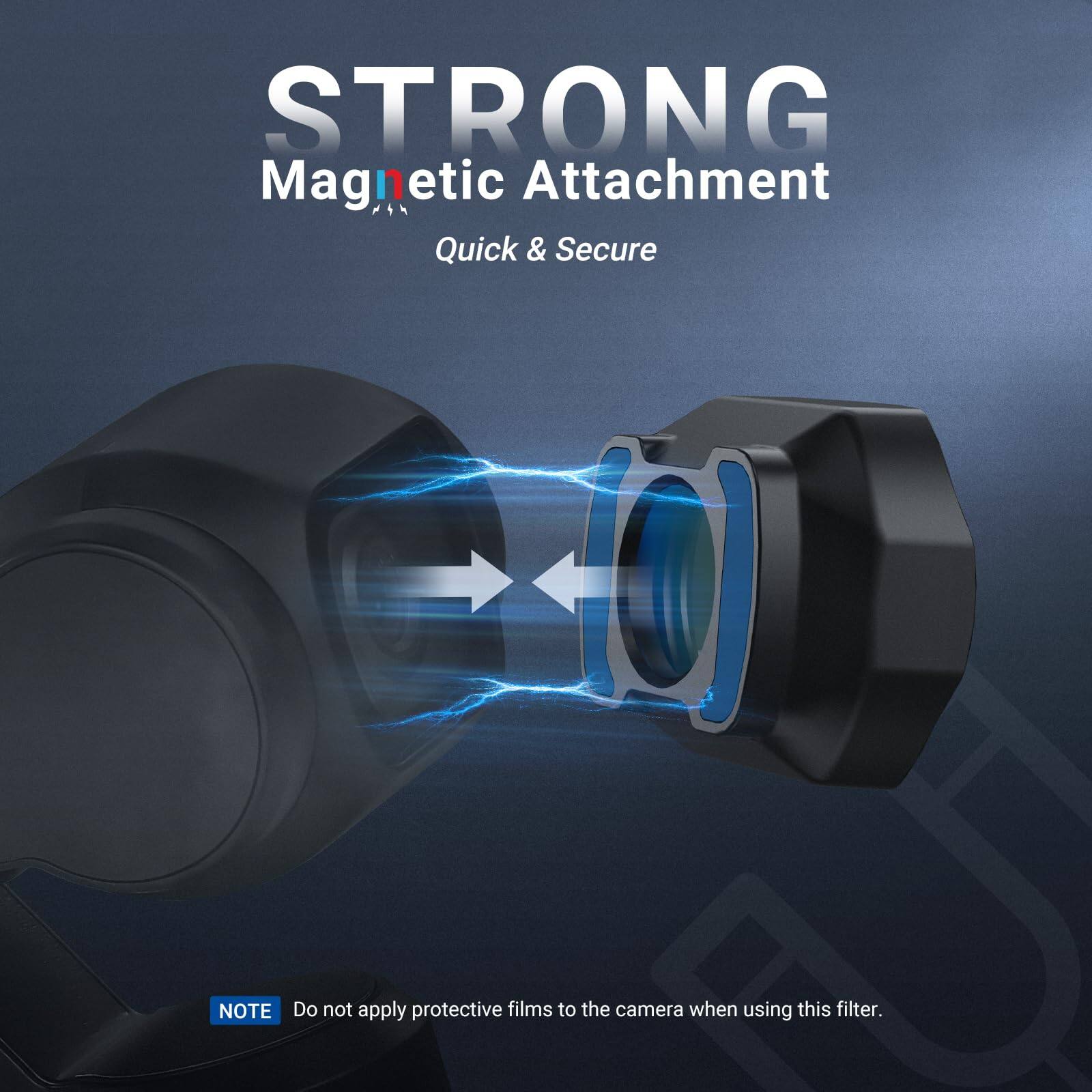 STRONG Magnetic Attachment  
Quick & Secure  

NOTE: Do not apply protective films to the camera when using this filter.