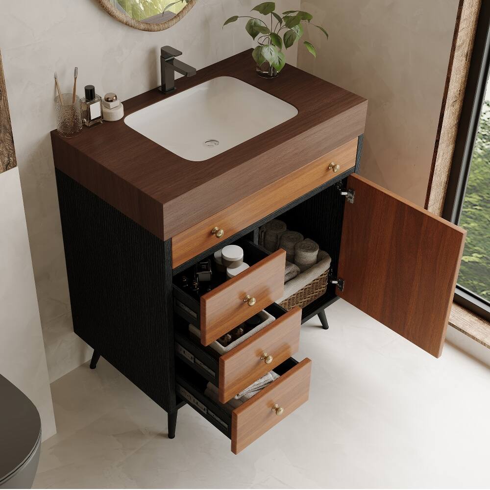Alt View 1. Loheer - Loheer 30 inch bathroom vanity with sink Walnut Mid-Century Modern Freestanding Cabinet - Walnut.