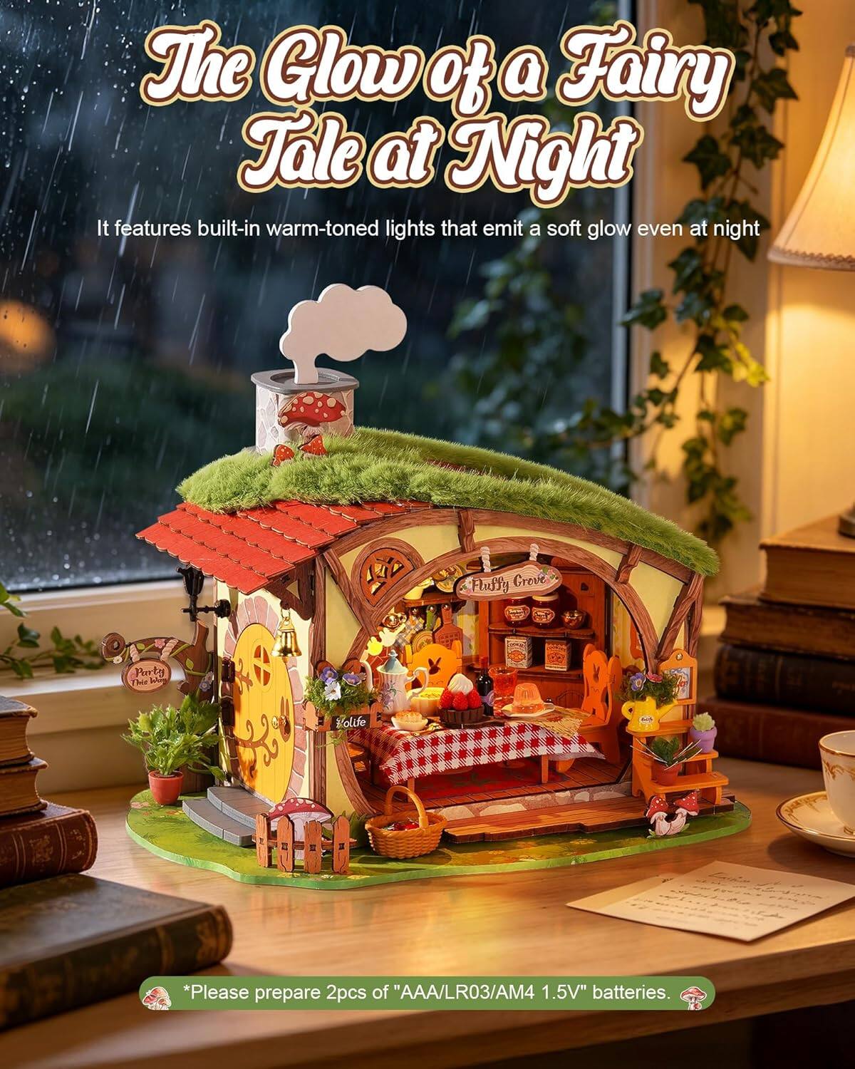 The Glow of a Fairy Tale at Night  
It features built-in warm-toned lights that emit a soft glow even at night  

Fluffy Grove  
Party There Volife  

*Please prepare 2pcs of "AAA/LR03/AM4 1.5V" batteries.