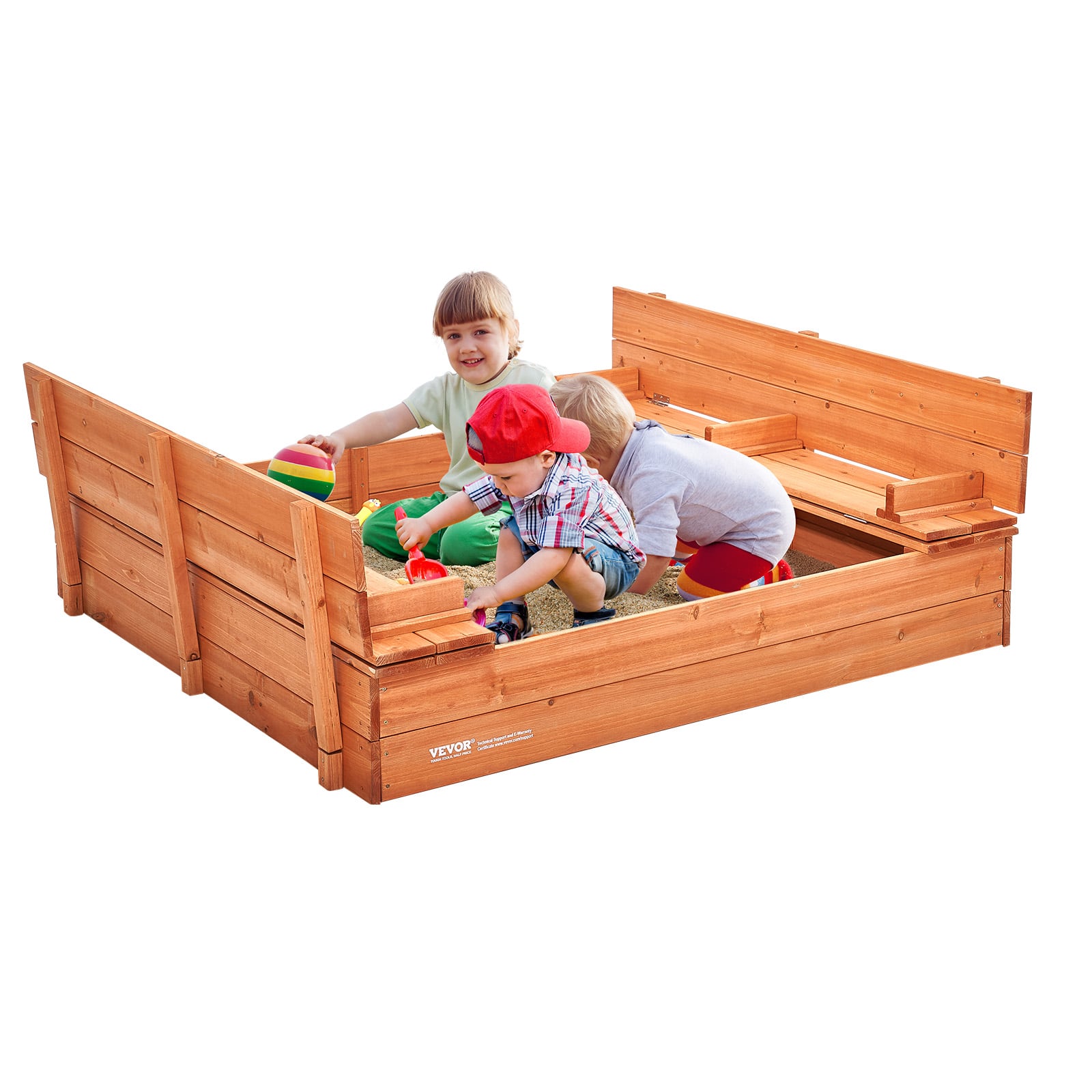 VEVOR - Wooden Sandbox, 52.4 x 47.2 x 16.9 in Sand Box, Sand Pit with Foldable Bench Seats and Bottom Liner - Bright orange-red