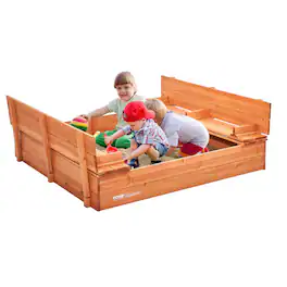 VEVOR - Wooden Sandbox, 52.4 x 47.2 x 16.9 in Sand Box, Sand Pit with Foldable Bench Seats and Bottom Liner - Bright orange-red