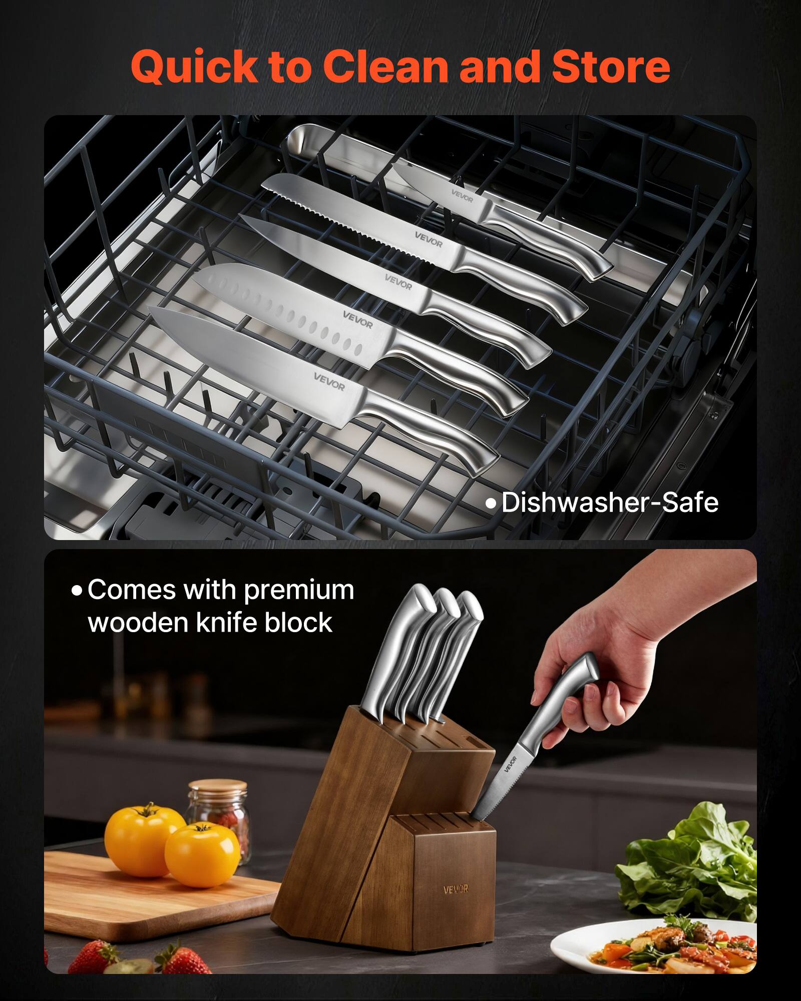 Quick to Clean and Store

- Dishwasher-Safe
- Comes with premium wooden knife block