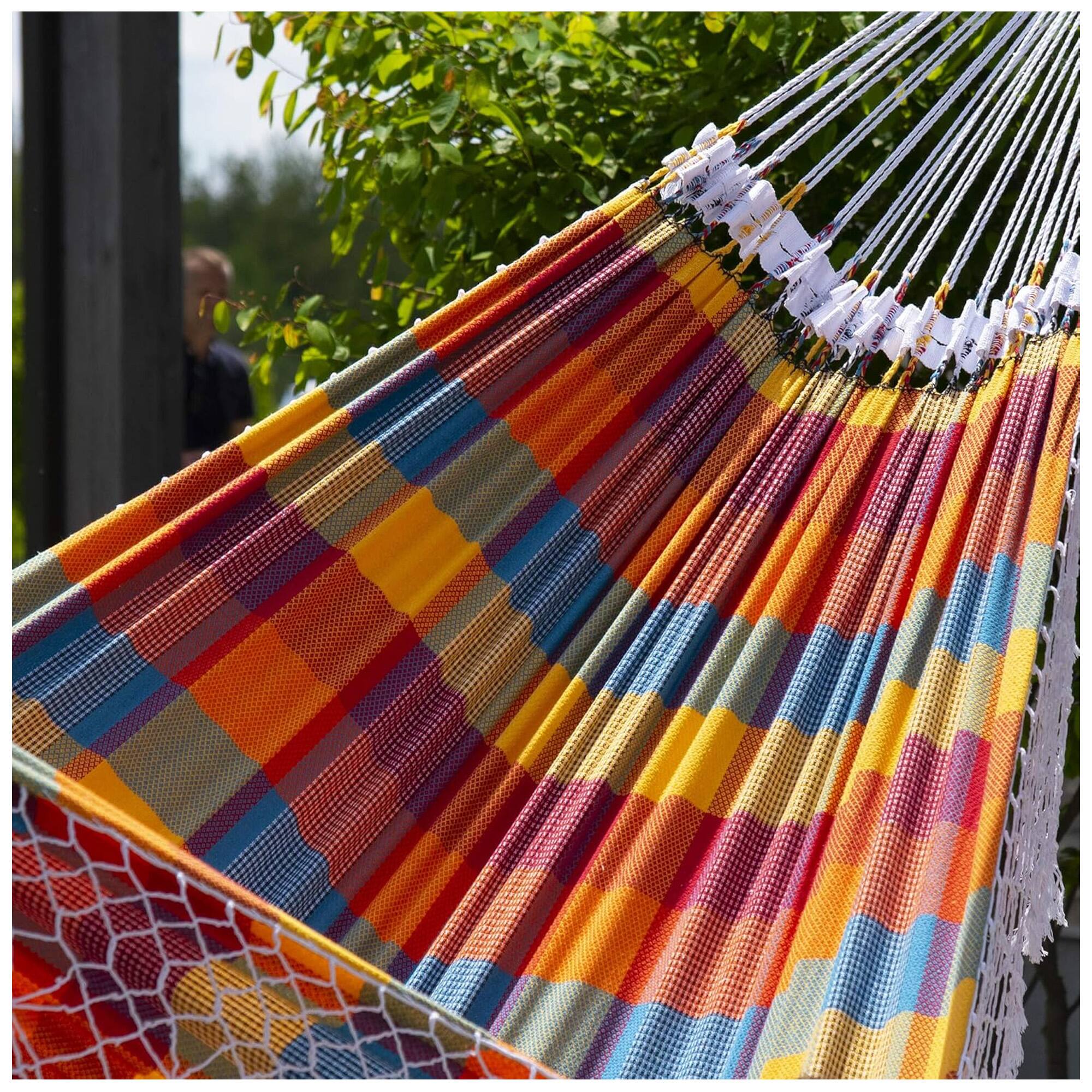 Alt View 3. Vivere - Vivere Authentic Brazilian Cotton Hammock, Outdoor Hanging Daybed, Carnival - Carnival.
