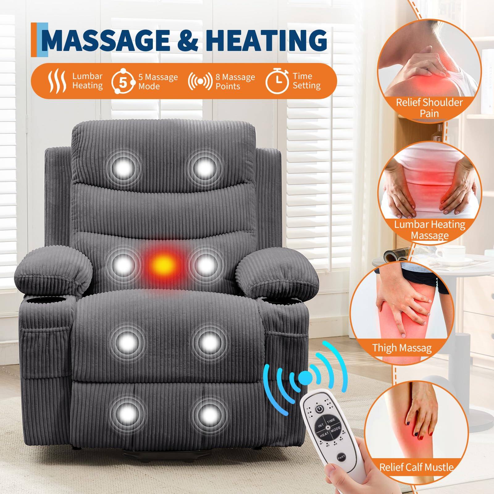 MASSAGE & HEATING

- Lumbar Heating
- 5 Massage Mode
- 8 Massage Points
- Time Setting

Relief Shoulder Pain
Lumbar Heating Massage
Thigh Massag
Relief Calf Muscle