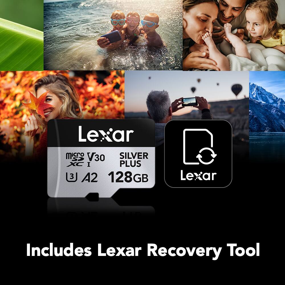 Lexar microSD V30 SILVER PLUS  
A2 128GB  
Includes Lexar Recovery Tool