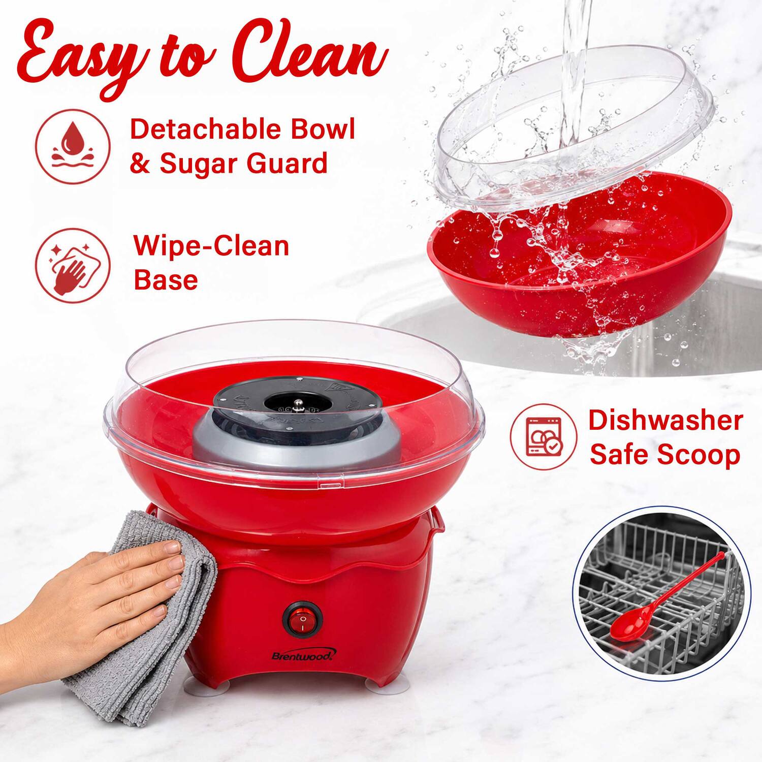 Easy to Clean  
Detachable Bowl & Sugar Guard  
Wipe-Clean Base  
Dishwasher Safe Scoop