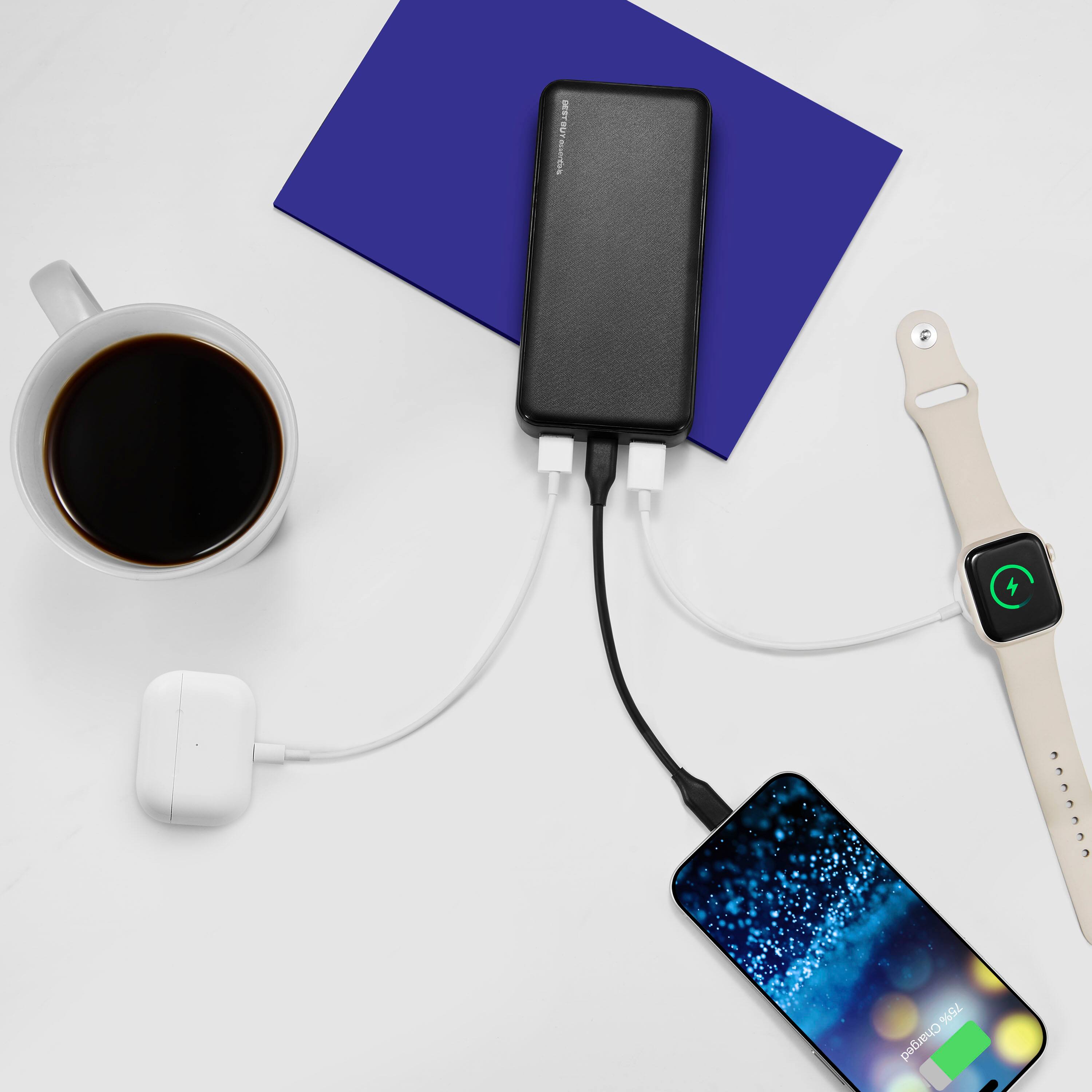 The image shows a cell phone, a watch, a coffee mug, and a charger. The cell phone is 75% charged, as indicated by the text on the image.