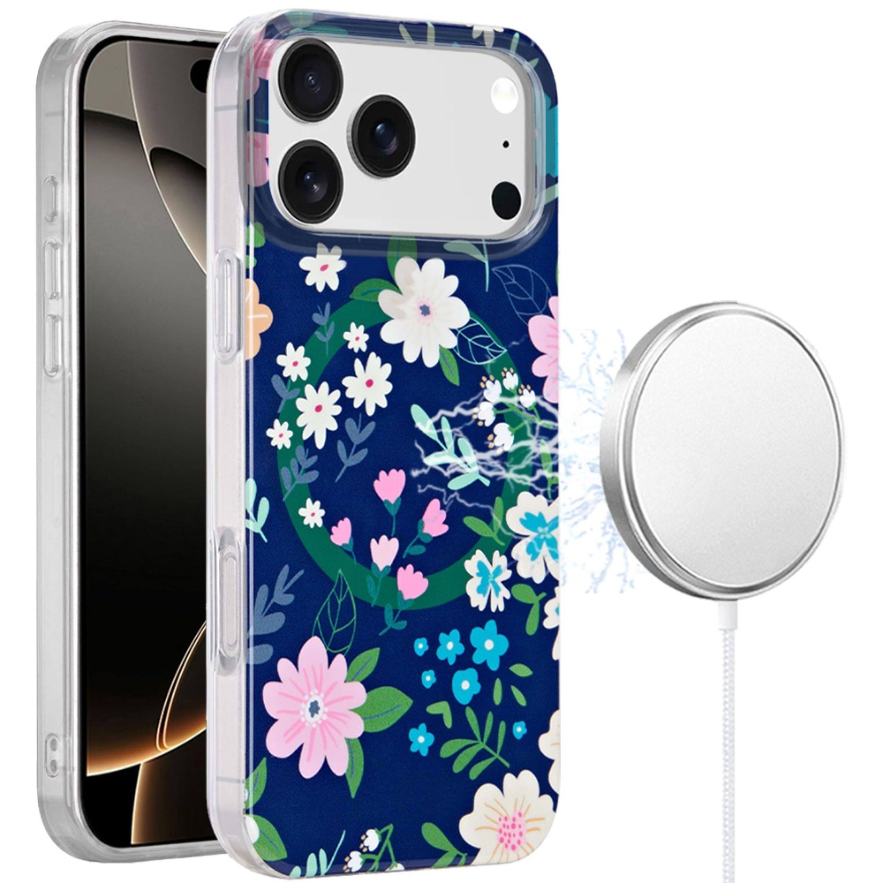 Kitcheniva - IMD Dual Layer Magnetic Circle Cover Phone Case With Tempered Glass For iPhone 17 Pro Max Galaxy Floral - Blue