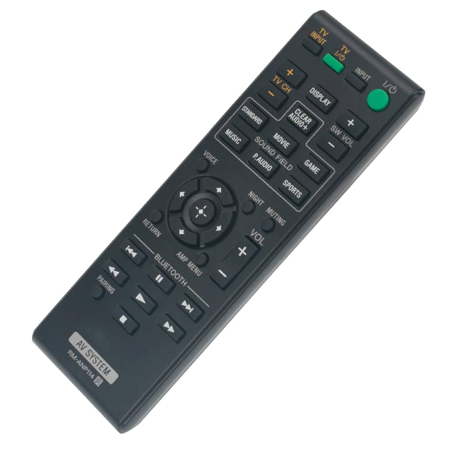 TV INPUT  
TV 1/0  
INPUT TV CH 1/0  
DISPLAY  
STANDARD  
AUDIO+  
MUSIC  
SW SOUND  
MOVIE  
P.AUDIO  
FIELD  
GAME  
NIGHT  
SPORTS  
MUTING  
RETURN  
VOL  
VOICE  
P.AUDIO  
FIELD  
GAME  
NIGHT  
SPORTS  
MUTING  
VOL  
K4  
AMP  
BLUETOOTH  
MENU  
PAIRING  
AV SYSTEM  
RM-ANP114