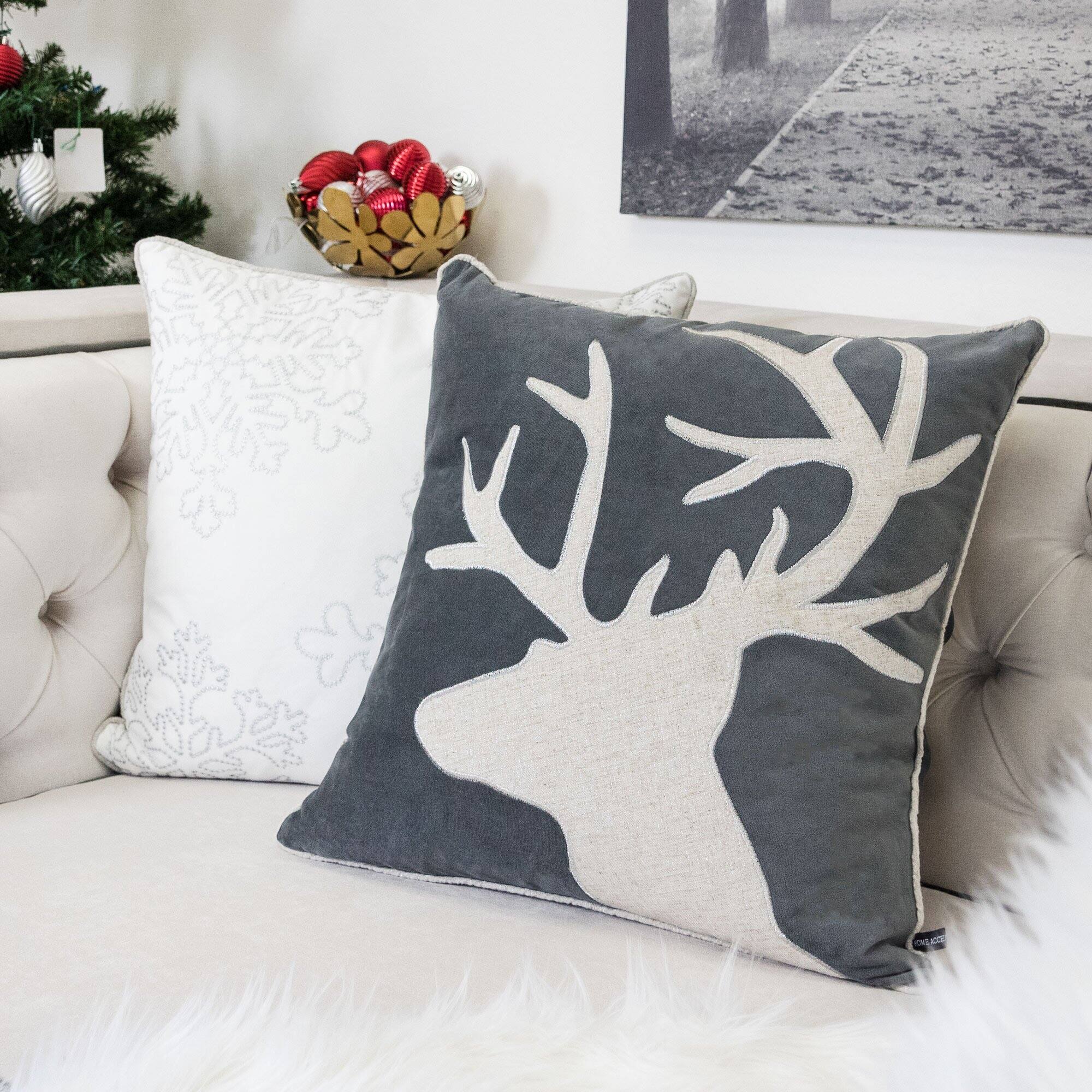 Left. LuXeo - Holiday Reindeer Shiny Linen Square Velvet Pillow Cover and Insert - GRAY.
