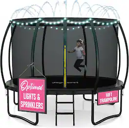 JoyBerri - 10ft Outdoor Trampoline with Enclosure Net LED Lights Sprinkler Ladder for Kids and Adults - Black