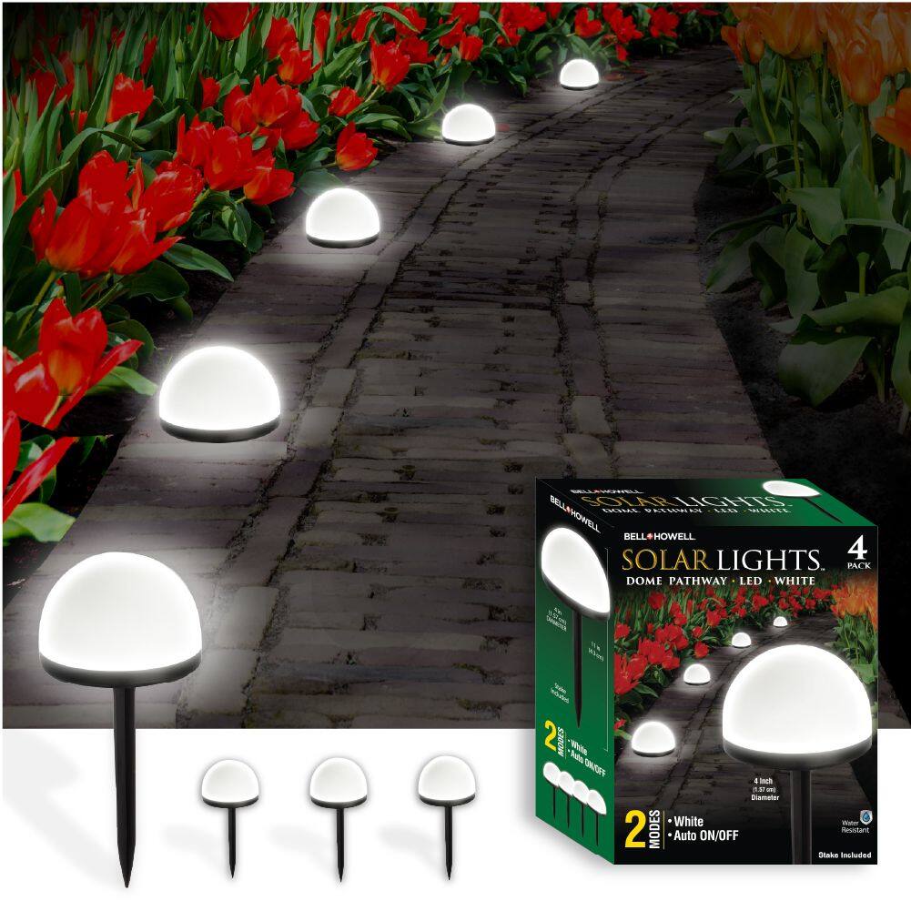 BellaHowell Solar Lights - 4 Pack Dome Pathway LED White 2 Modes. White Auto ON/OFF. Diameter: 4 inches (10.2 cm). Includes Stakes.