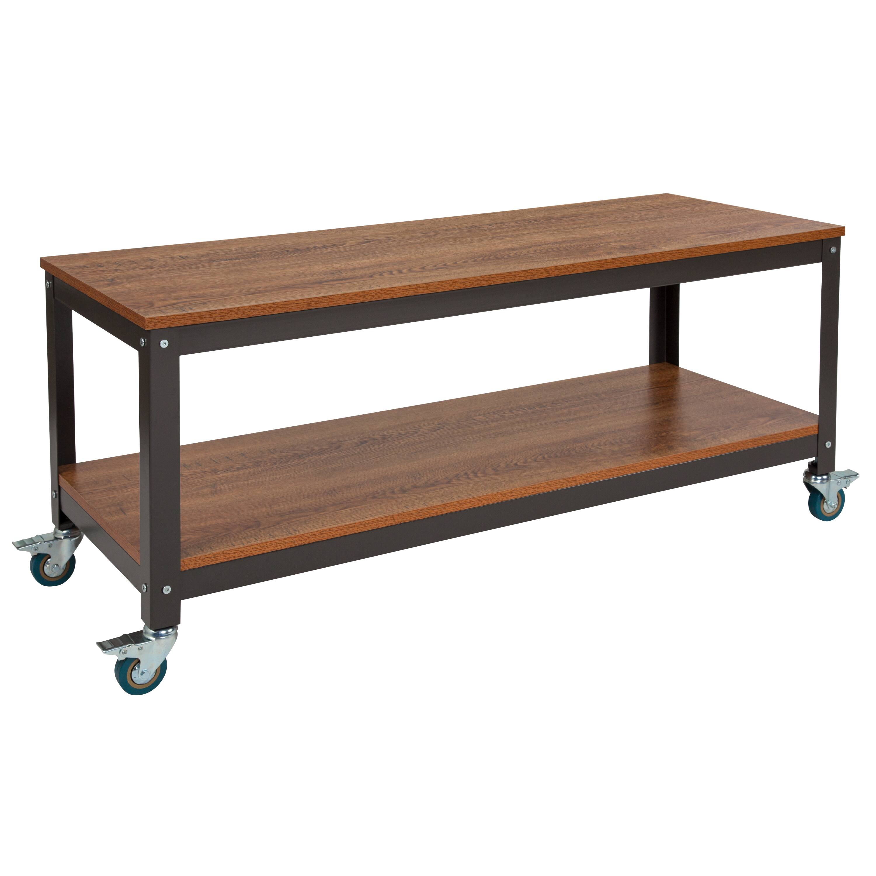 Alt View 1. Emma + Oliver - TV Stand in Wood Grain Finish with Metal Wheels - Brown Oak.