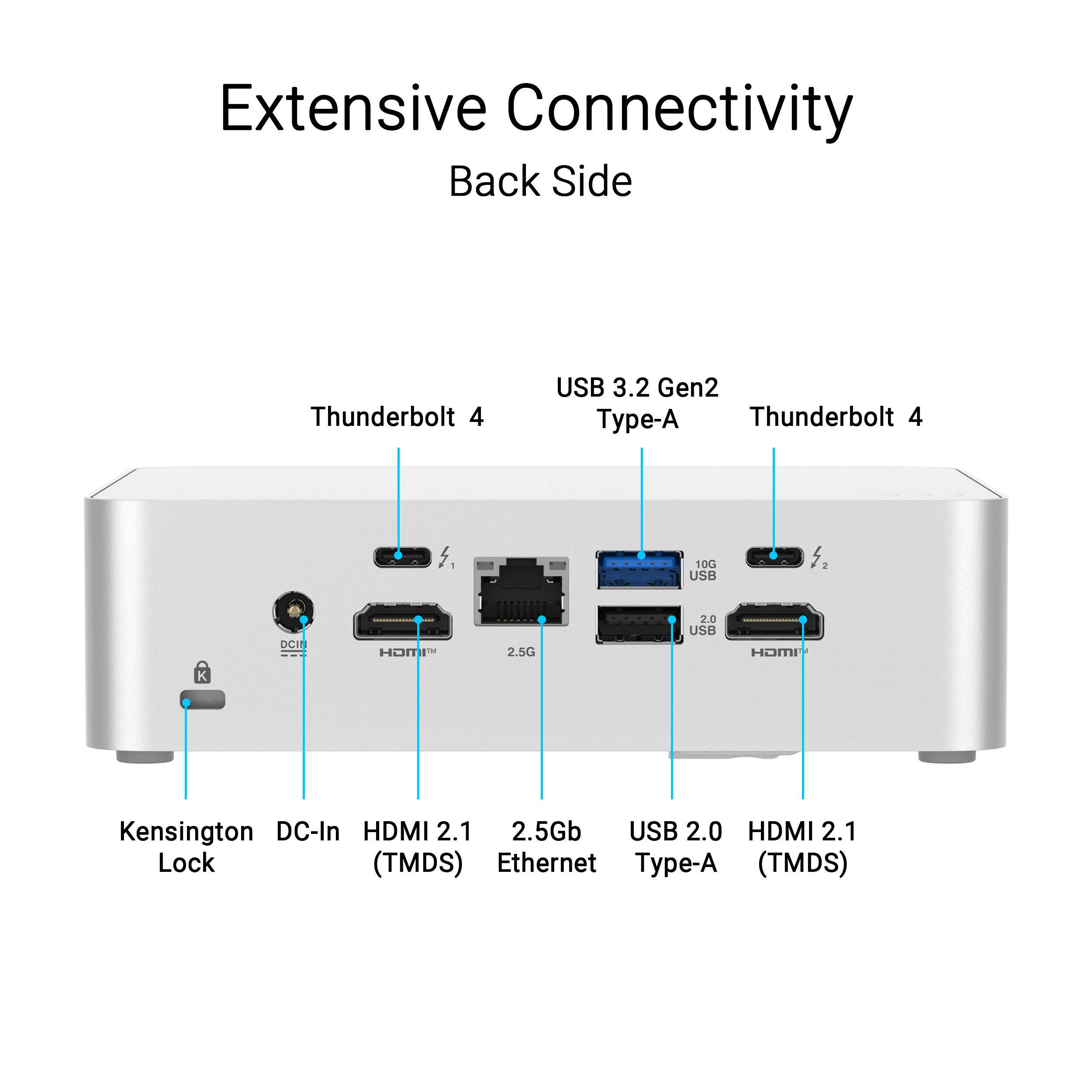 Extensive Connectivity  
Back Side  
Thunderbolt 4  
USB 3.2 Gen2 Type-A  
Thunderbolt 4  
Kensington DC-In  
HDMI 2.1 (TMDS)  
2.5Gb Ethernet  
USB 2.0 Type-A  
HDMI 2.1 (TMDS)