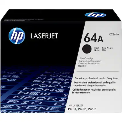 hp LASERJET CC364A 64A Black Tinta Negra Noire Print Cartridge Cartouche d'Impression Cartucho de Impresión Superior, professional results. Every time. Des résultats professionnels et de qualité supérieure à chaque impression. Calidad superior, resultados profesionales. En todo momento. HP LASERJET P4014, P4015, P4515