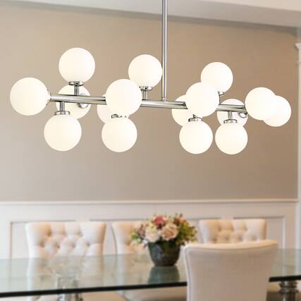 Front. Siljoy - 39.4" Satin Nickel 16-Light Linear Sputnik Chandelier, Modern Adjustable Pendant for Dining Room Kitchen Island - Nickel.