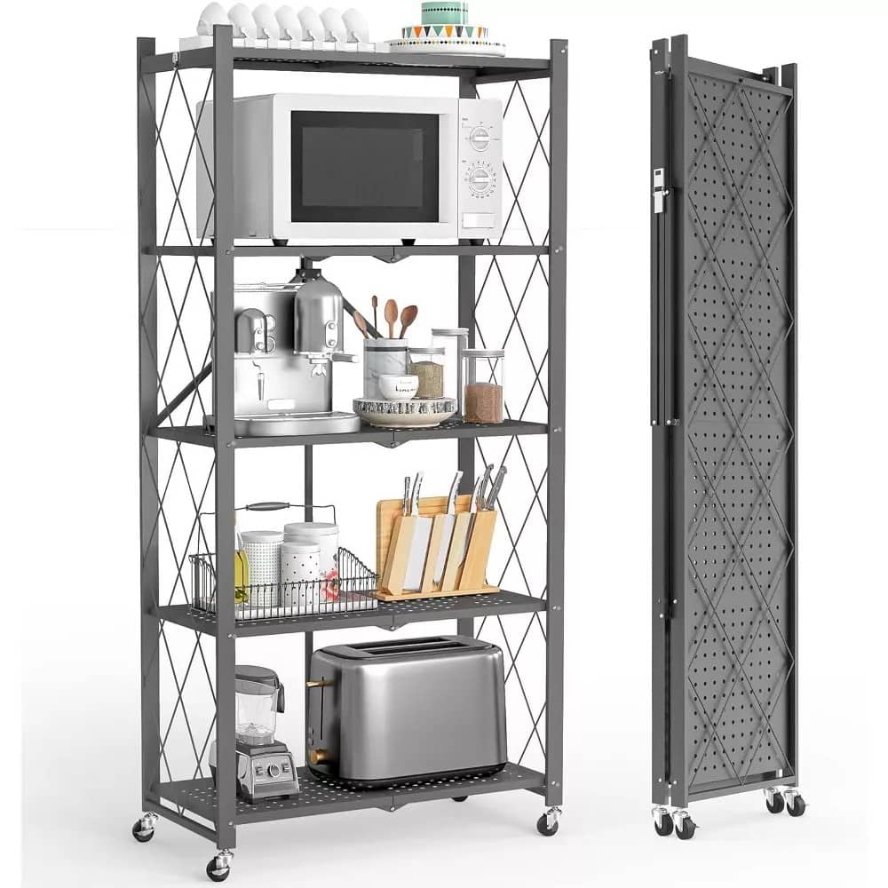 Sugift - 5-Tier Foldable Storage Shelves, Metal Storage Rack with Wheels - Grey