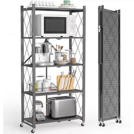 Sugift - 5-Tier Foldable Storage Shelves, Metal Storage Rack with Wheels - Gray