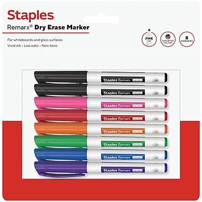 Staples Remarx Dry Erase Marker  
For whiteboards and glass surfaces  
Vivid ink - Low odor - Non-toxic  

8 MARKERS  

Staples Remarx AP  
Staples Remarx AP  
Staples Remarx AP  
Staples Remarx AP  
Staples Remarx AP  
Staples Remarx AP  
Staples Remarx AP  
Staples Remarx AP