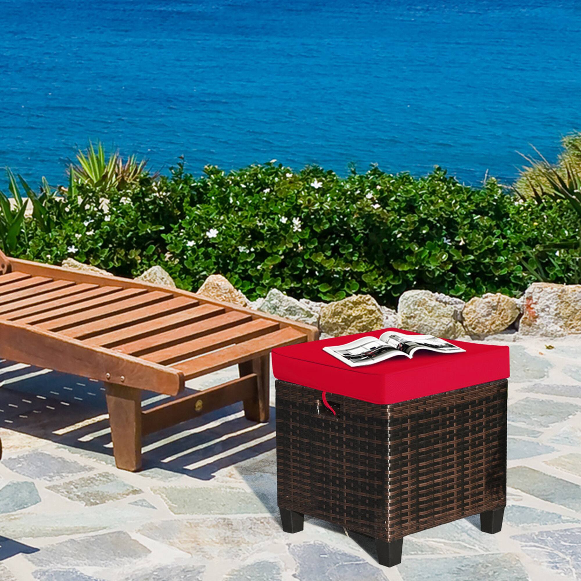 Alt View 5. Gymax - Gymax Set of 2 Patio Rattan Ottoman Footrest Garden Outdoor w/ Red Cushion - Red.