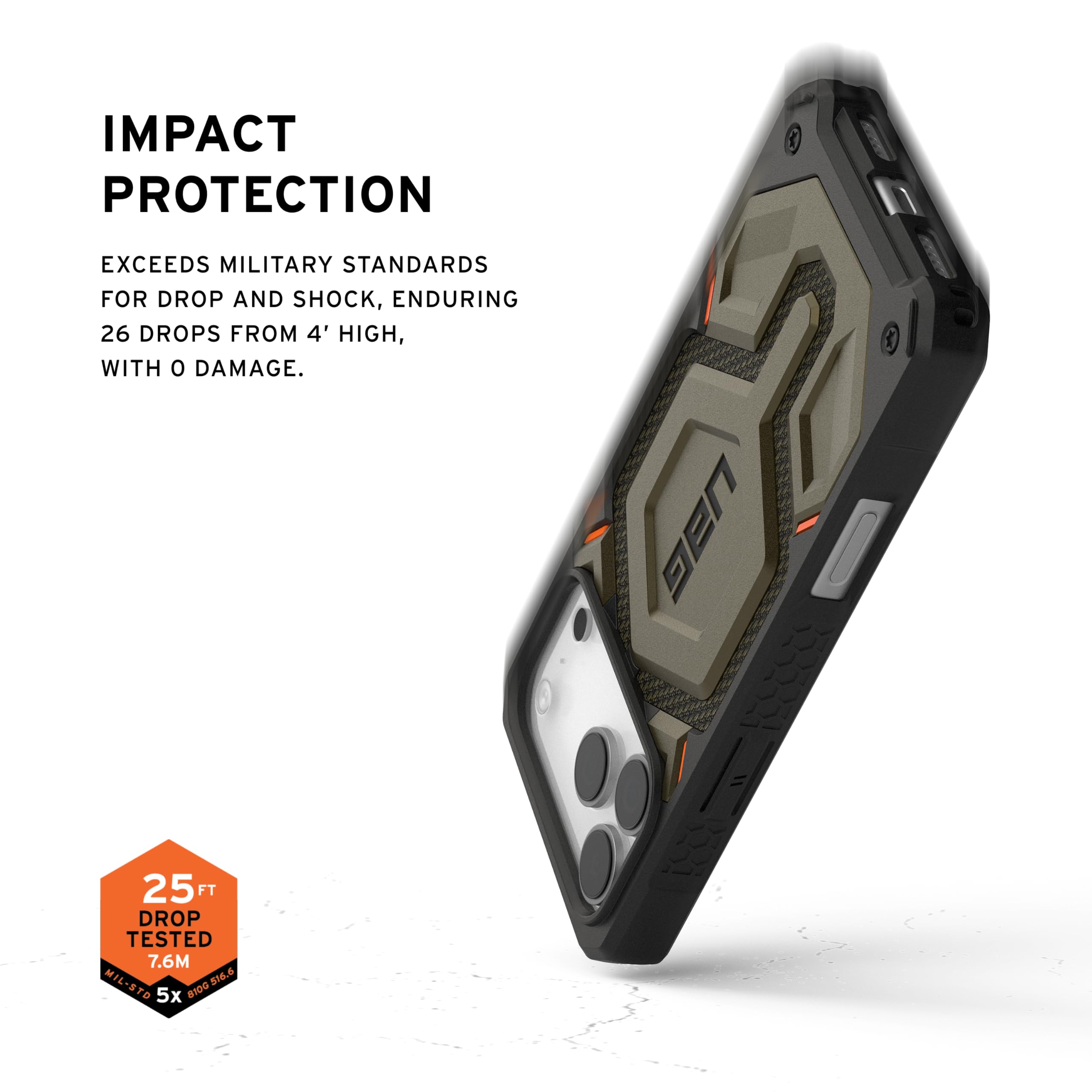 IMPACT PROTECTION

EXCEEDS MILITARY STANDARDS FOR DROP AND SHOCK, ENDURING 26 DROPS FROM 4' HIGH, WITH 0 DAMAGE.

UAG 25 FT DROP TESTED 7.6M MIL-STD 8100.516.6 S1.6 TB 5x 81D