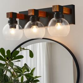 RYHNUYNE - 3 Light Bathroom Vanity Light Fixtures, Black and Gold Wood Bathroom Light Fixtures Over Mirror, Farmhouse Wall Sconces - Black/Gold
